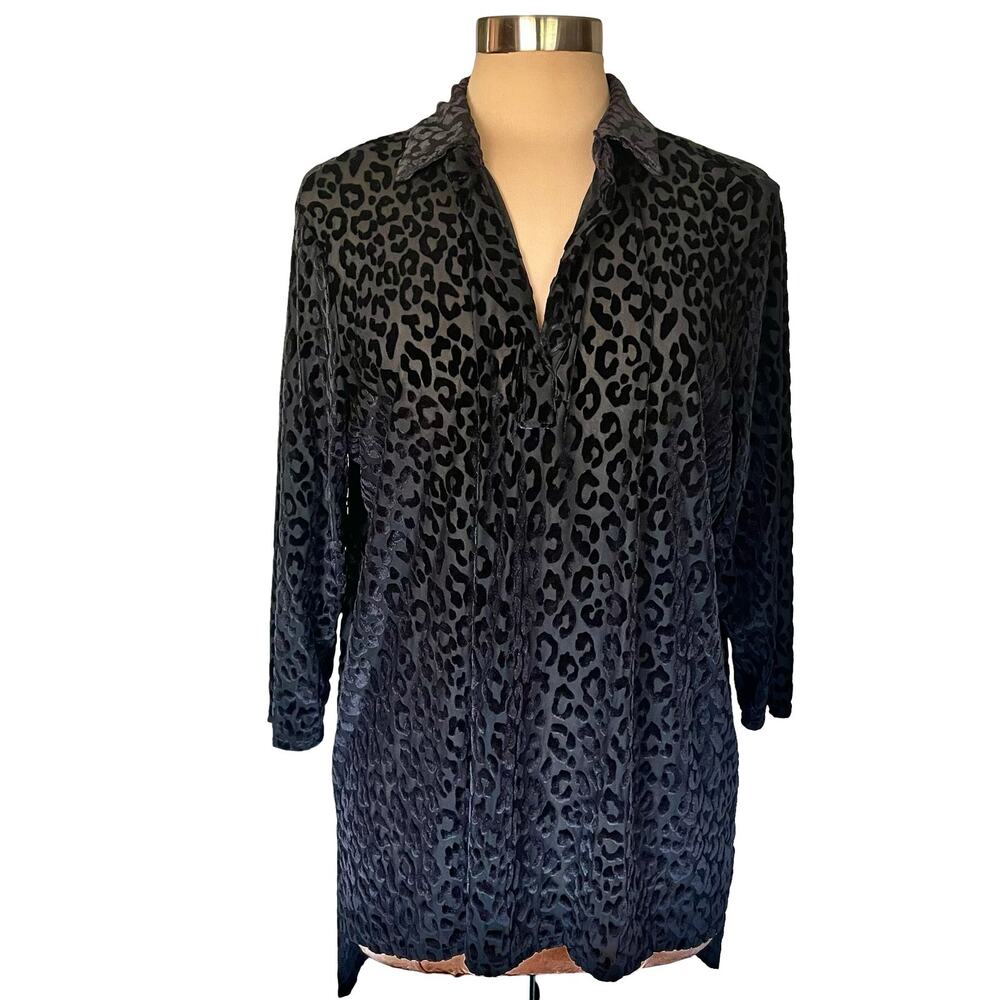 Rebecca Malone Black Velvet Burnout Leopard Button Up Tunic Sz‎ XL Whimsigoth